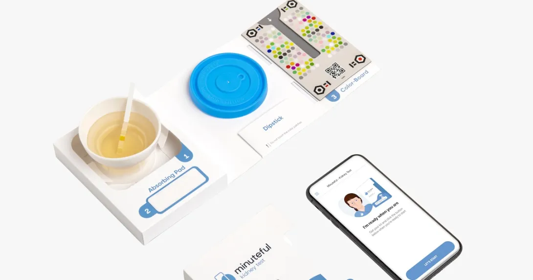 The Minuteful test kit, including a smartphone displaying the app